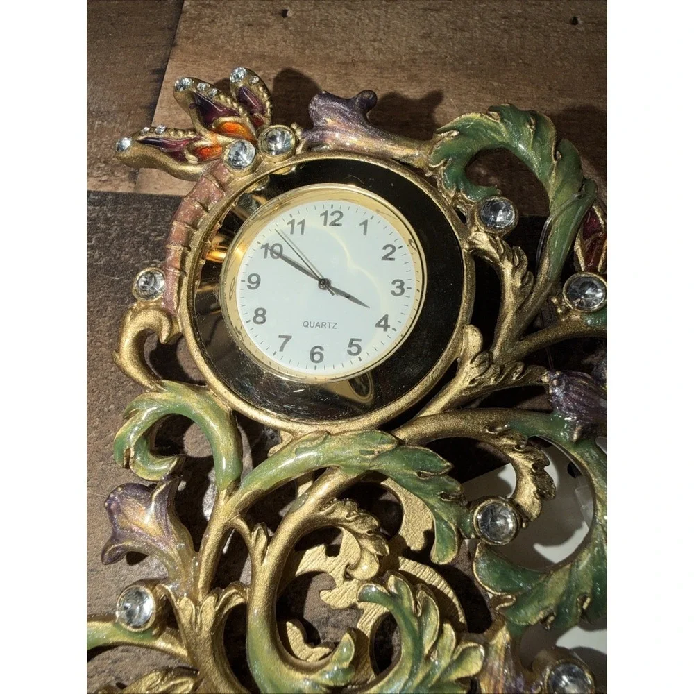 Vintage Jeweled Enamel Dragonfly Desk Clock Gold Tone Floral Tested New Battery